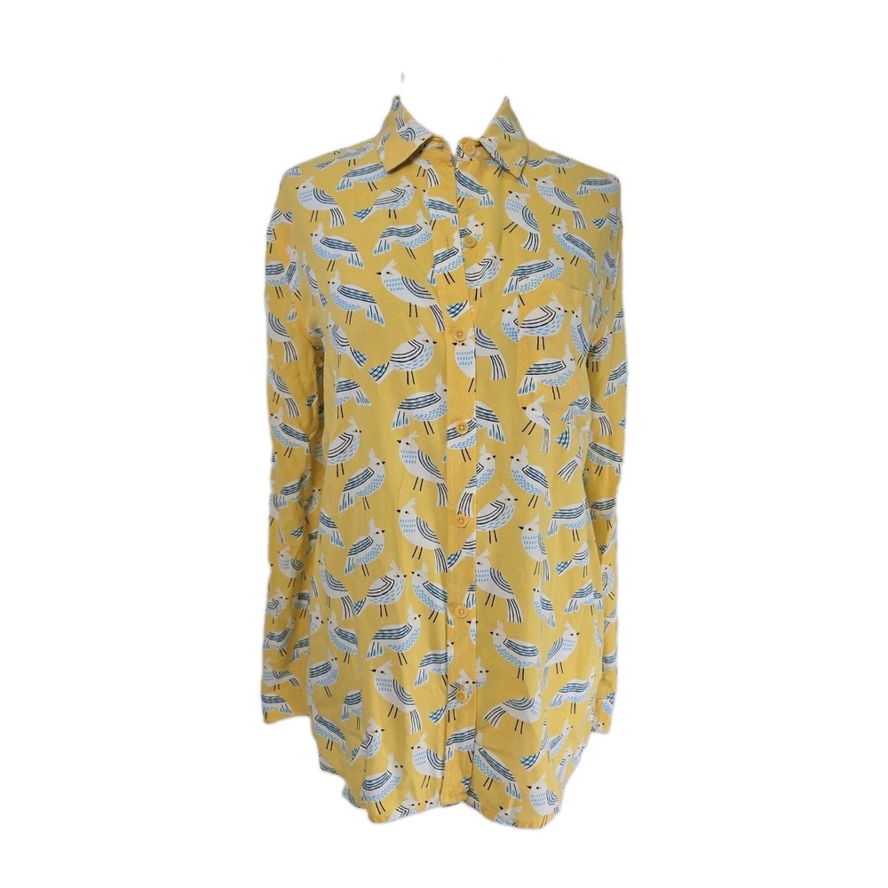 Beach Lunch Lounge Yellow Bird Print Long Sleeve Button Up Women's Top Small